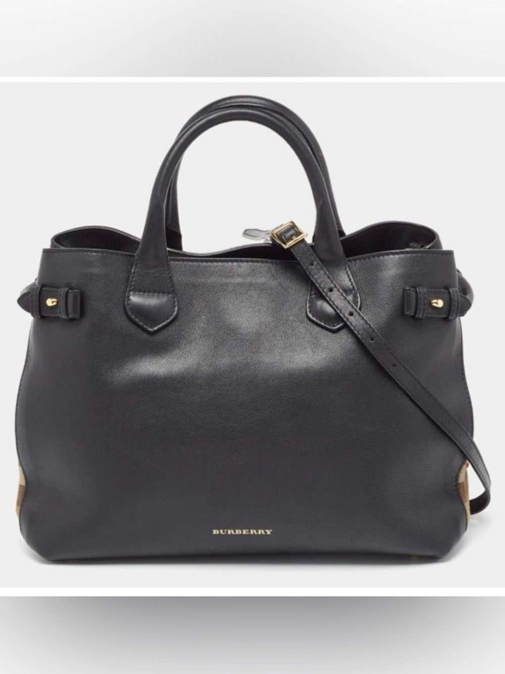 Burberry Banner Black Leather Top-Handle Tote with signature check lining/panels